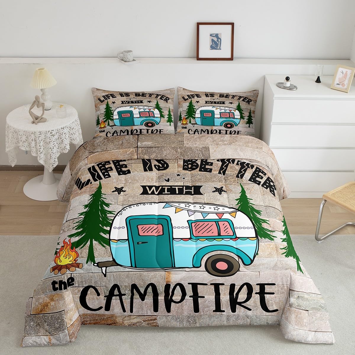 Feelyou Happy Camping Comforter Set Queen Size Kids RV Camping Comforter for Boys Girls Teens Western Farmhouse Bedding Set Vintage Duvet Set Rustic Farm Quilt