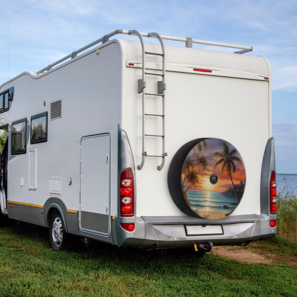 Spare Tire Cover with Backup Camera Hole Sunset Beach Palm Tree Waterproof Tire Cover Fit for Rv SUV Truck Travel Trailer 17inch