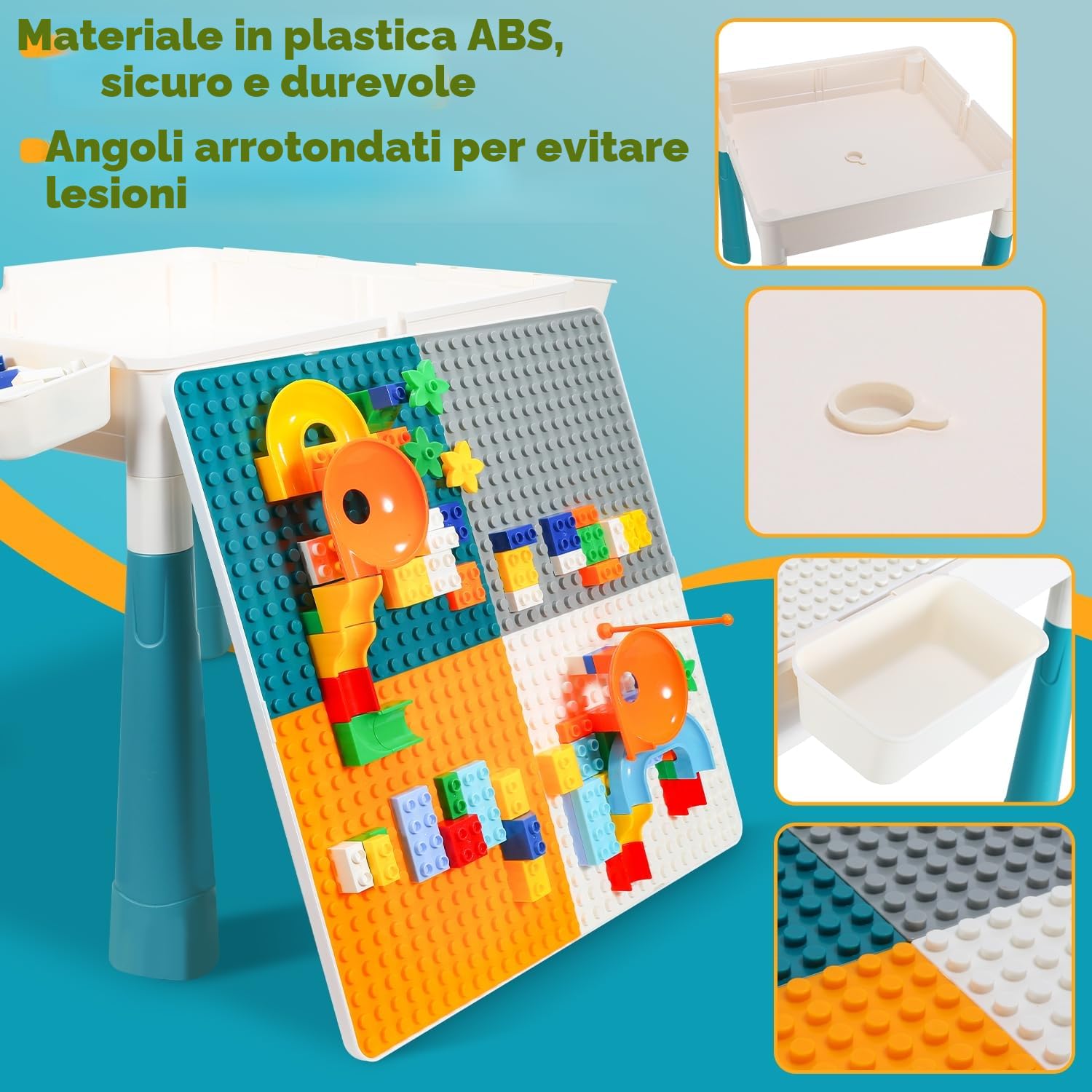 Tavolo Attività per Bambini Ansobea, Set Tavolo e Sedie per Bambini con Altezza Regolabile, 251 Pezzi di Mattoncini Compatibili Gioco Include 2 Sedie e Ampio Spazio di Stoccaggio, Tavolo per Bambini
