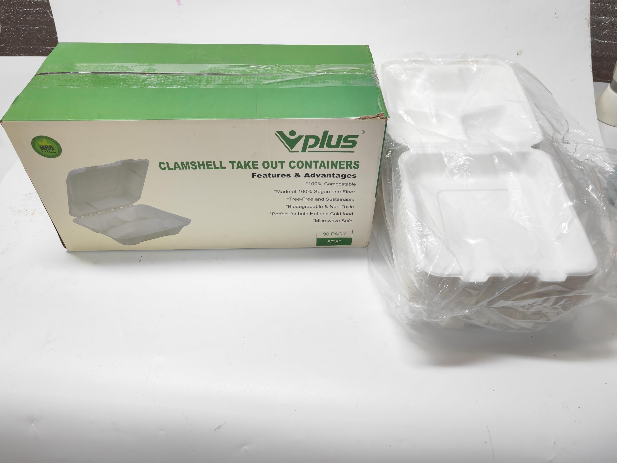 Contenedores de alimentos 100 % compostables para llevar, paquete de 90 recipientes desechables ecológicos de 8 x 8 pulgadas, 3 compartimentos, recipientes de bagazo resistentes para el almuerzo del