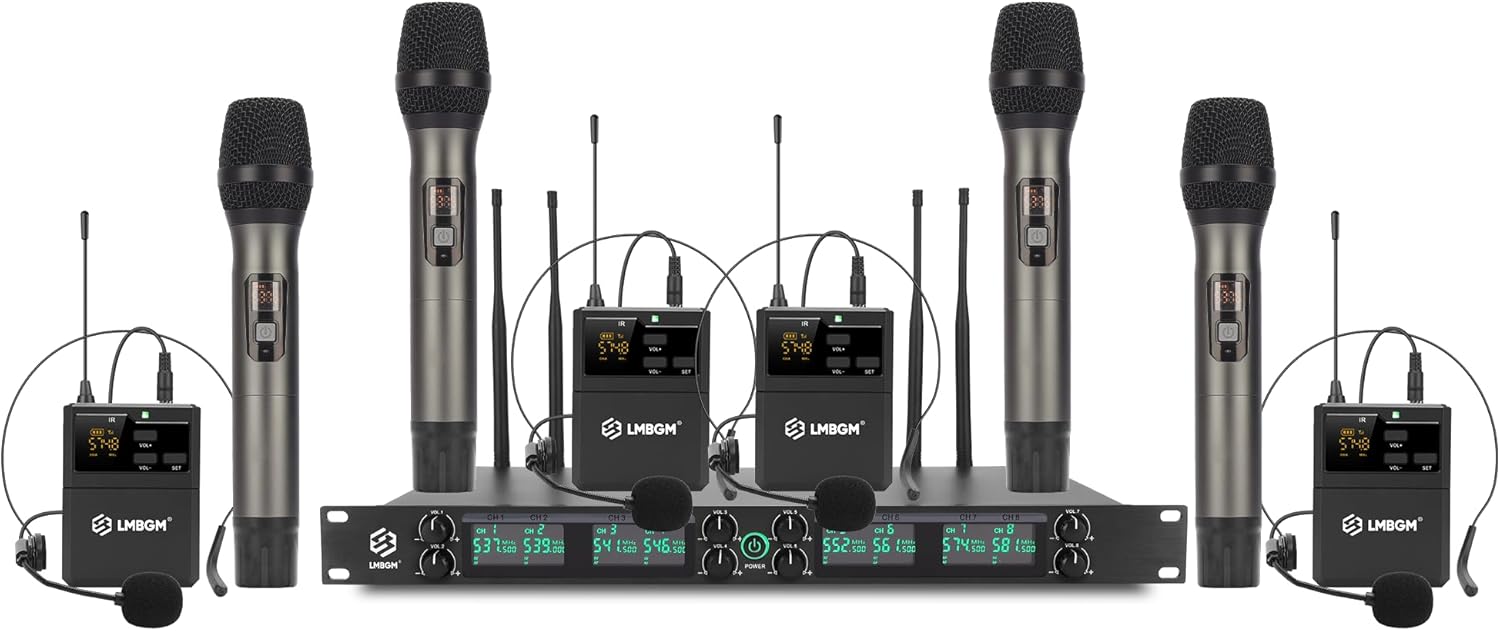 K-25R Wireless Microphone System, 8-Channel UHF Handheld and bodypack Microphones for Stage Performances, Church DJ Weddings and Karaoke (K-27R 4handheld 4bodypack)