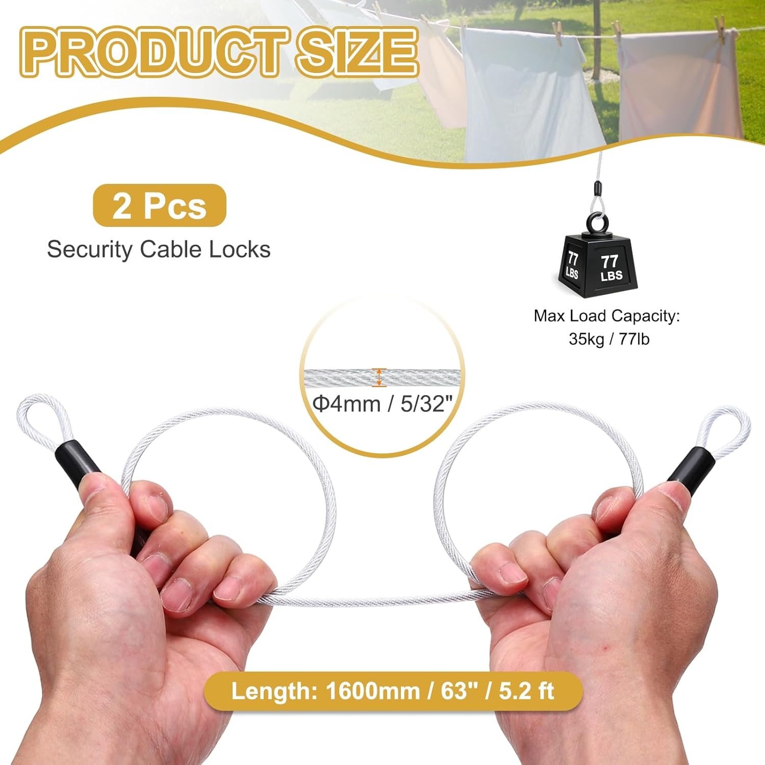 PATIKIL Security Cable Lock (5/32" Dia 5.2ft 77lb Load Capacity, Silver) (2 Pcs) Vinyl Coated Stainless Steel Double Loops Flexible Wire Rope Safety Cable Luggage Lock Suit for - Outdoor