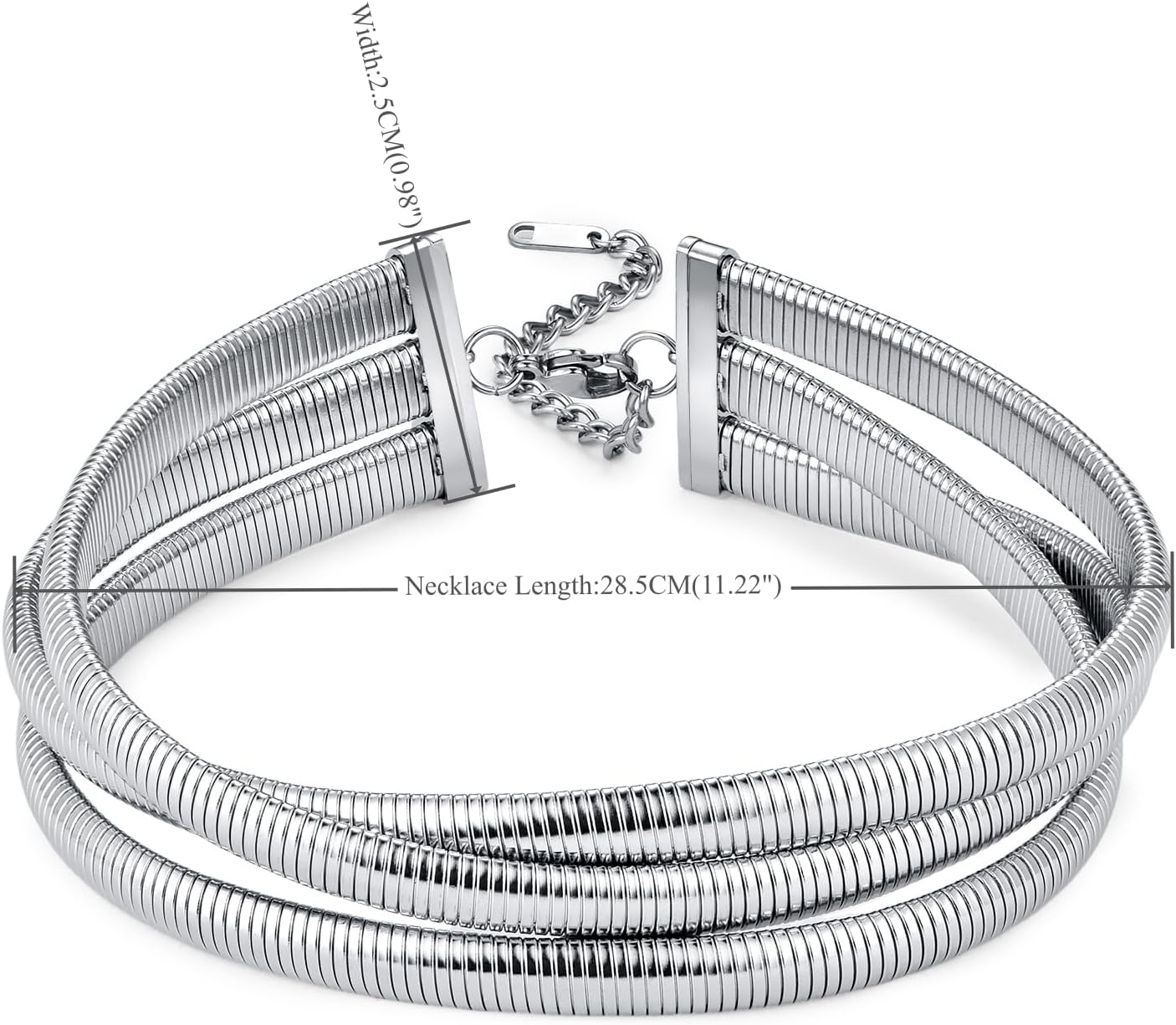 Womens Stainless Steel Triple Strand Snake Chain Choker Necklace, Chunky Exaggerated Statement Jewelry, Shining Silver Color, Dramatic and Party Style - Image 3