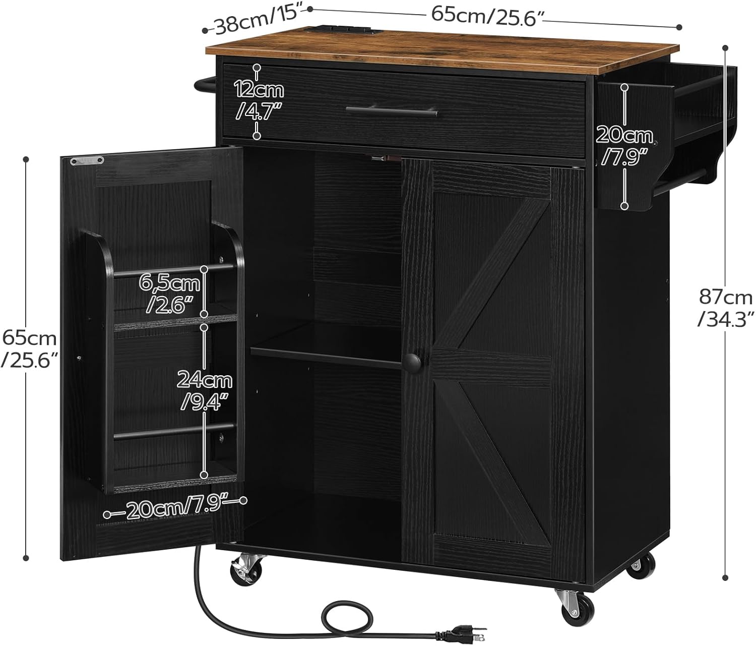 Black Kitchen Island with Power Outlet