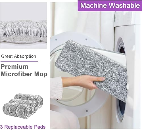 Miniatura 3 de Trapeador y cubo con juego de escurridor, trapeador de piso plano manos libres y cubo, 5 almohadillas de microfibra lavables incluidas, uso húmedo y
