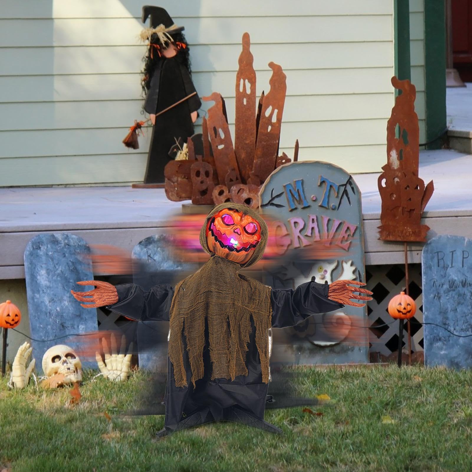 Dekoracje Halloween Animowane Straszna Świecąca Figura Dyniowego Ducha | Straszna Dekoracja Wahadłowa Ze Światłem I Dźwiękiem Na Taras Podwórko Ścieżka Trawnik