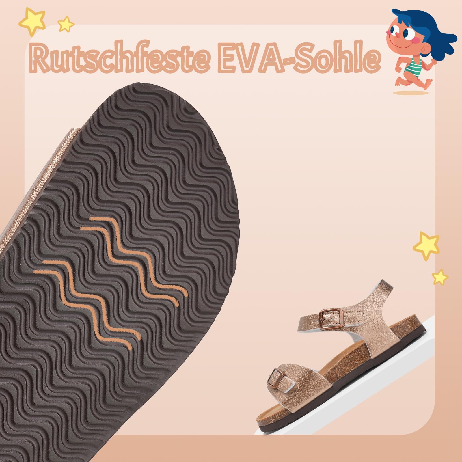 Torotto Sandalen Mädchen Jungen Mit Kork Sandals Kinder Pantoffeln Riemen Verstellbare Schnalle Rutschfeste Mit Klettverschluss Sandaletten für Drinnen und Draußen(Klassisch Gold, 32EU)