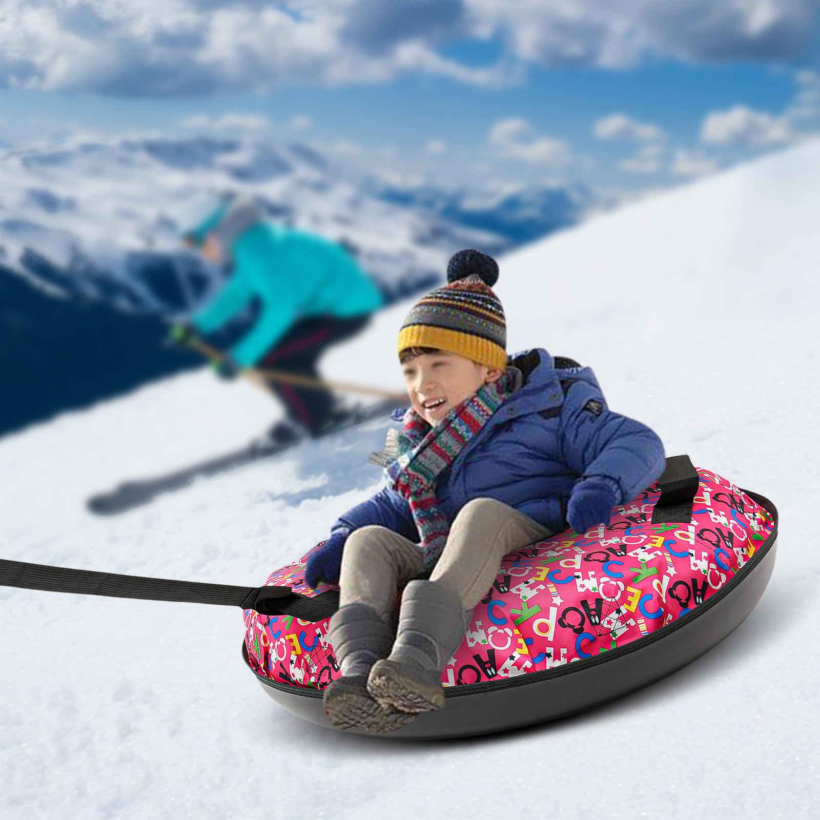 WaShaRoom,Oxford Cloth Inflatable Sledding Tube, Snow Sleds for Kids and Adult, Inflatable Sled, Winter Outdoor Skiing,(Black, Red),Load-Bearing Capacity of Up to 220.46-396.83 LBS,for Playgrounds