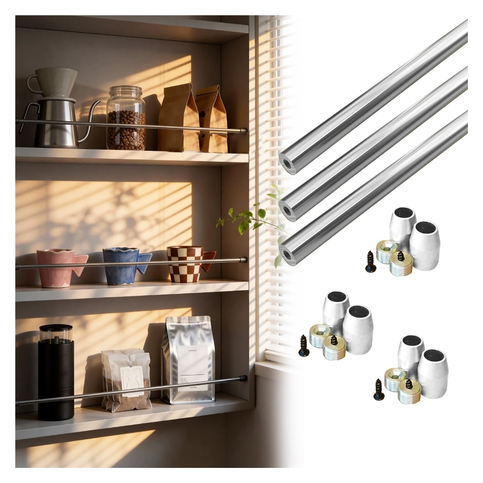 Peynir Silver 3Pcs Decorative Aluminum Alloy Shelf Guard Railing 3Pcs, Pantry Cabinet Tipping Rail Bar With End Cap & Screws, Gallery Edge Organizer Rail, Customizable Length(,16″/40.7Cm)