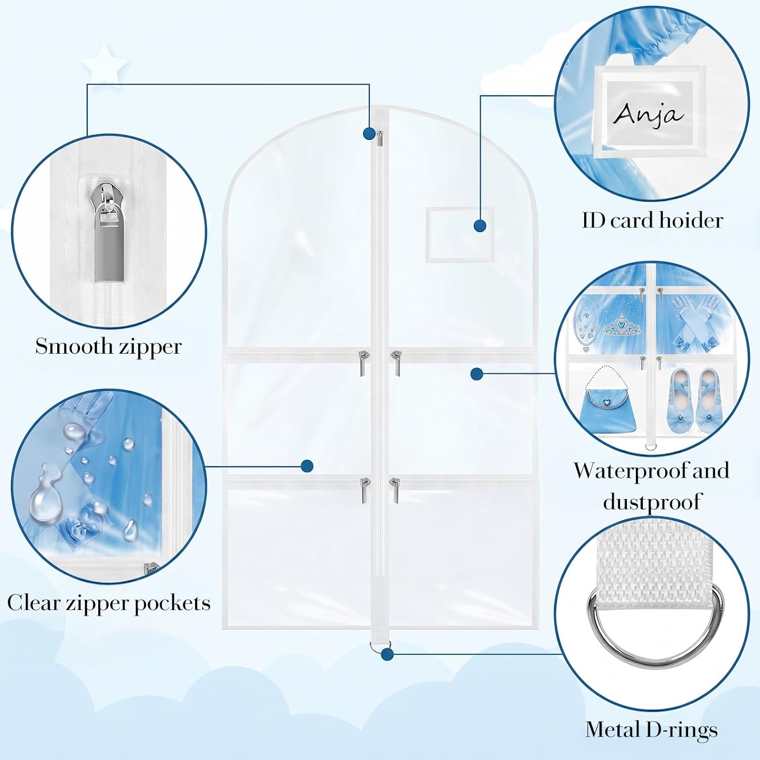 4 Pack Garment Bags for Dance Costumes, 40 In Clear PVC Dance Garment Bag with Pockets, White