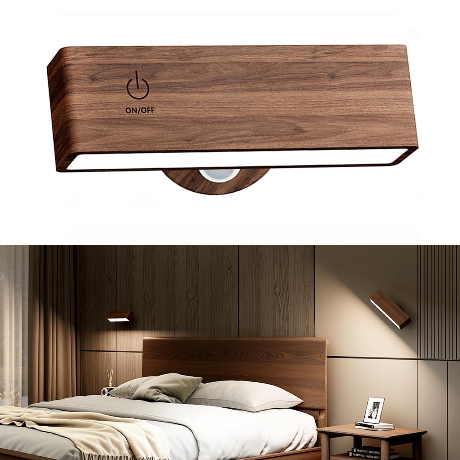 Longyifa Walnut Wood Magnetic Rechargeable Wall Light Indoor, Battery Operated Wall Lights Indoor Wall Mounted Lamp Night Light Portable Removable With Magnetic 360 Rotation, Dimmable Wireless Wall Sconce For Picture