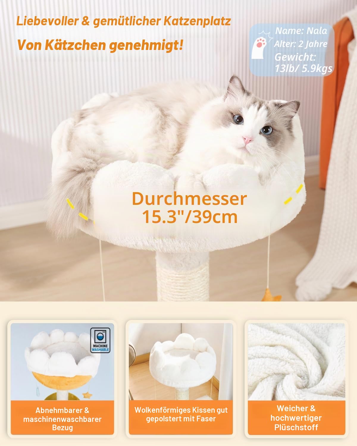 Happi N Pets Große Größe Wolke Kratzbaum mit Bett, Katzenbaum für Indoor Katzen, Natur Sisal Katzenkratzbaum mit Katze Weiche Sitzstange für Kätzchen & Erwachsene Katzen, Katzenturm mit Bällen,