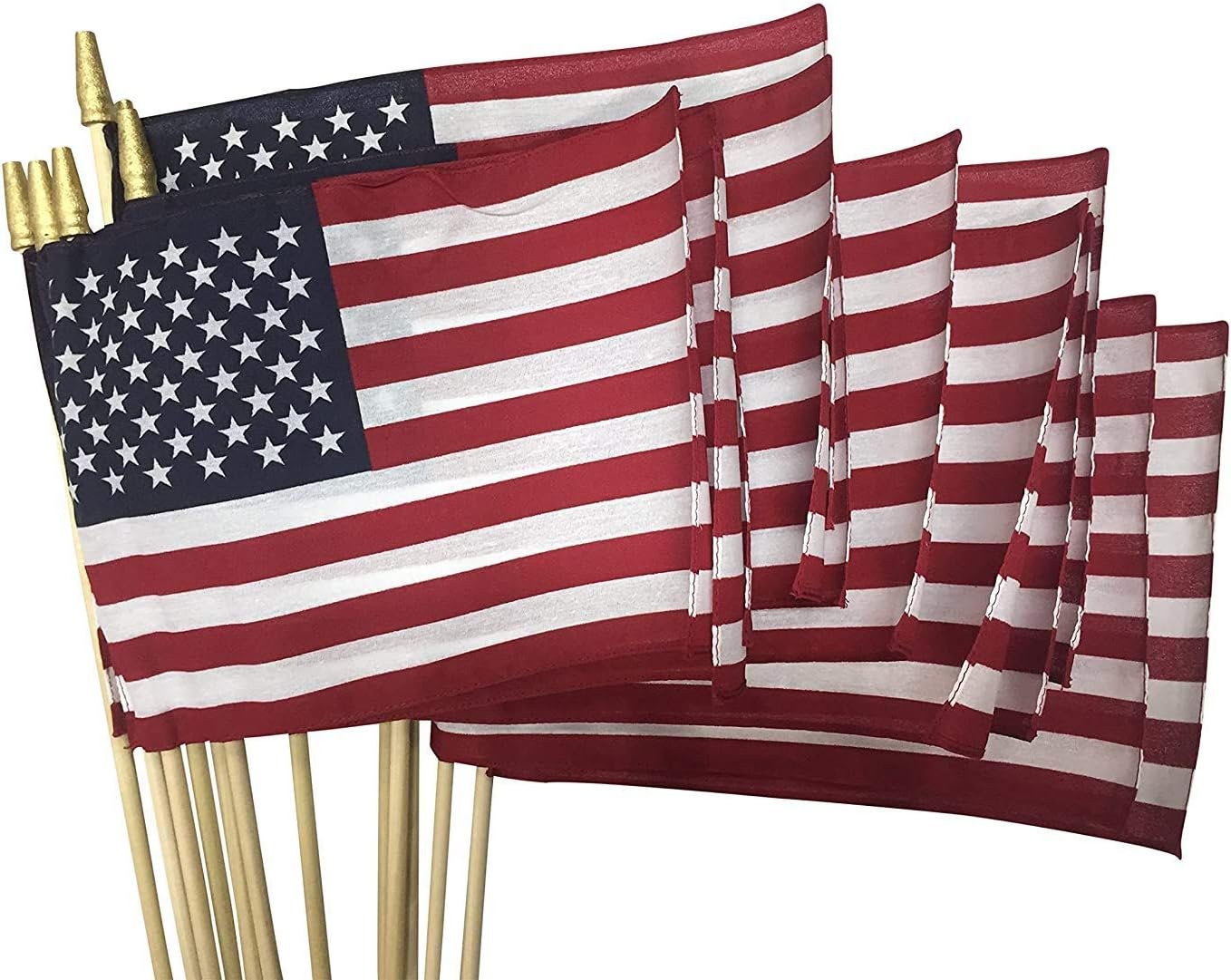 One Dozen (12) 8x12" US Cotton Stick Flag American Flag on 24" dowel with gold Tip MADE IN USA, hemmed edges