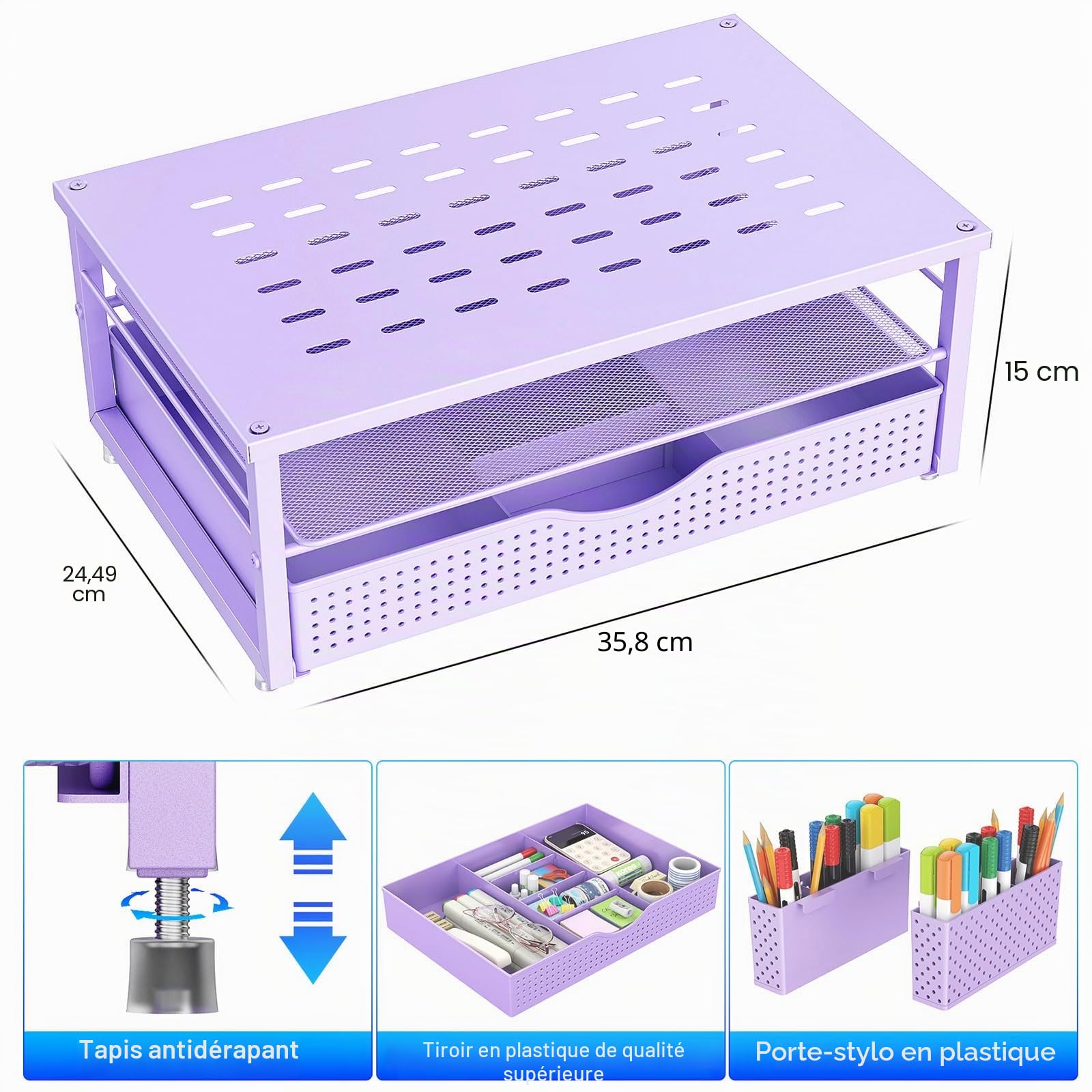 Gianotter Support de Moniteur avec Tiroir et Porte-stylos, Organisateur de Bureau Violet