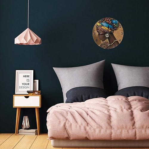Miniatura 5 de Reloj de pared redondo decorativo para mujer afroamericana, silencioso, sin tictac, funciona con pilas, para el hogar, cocina, sala de estar,