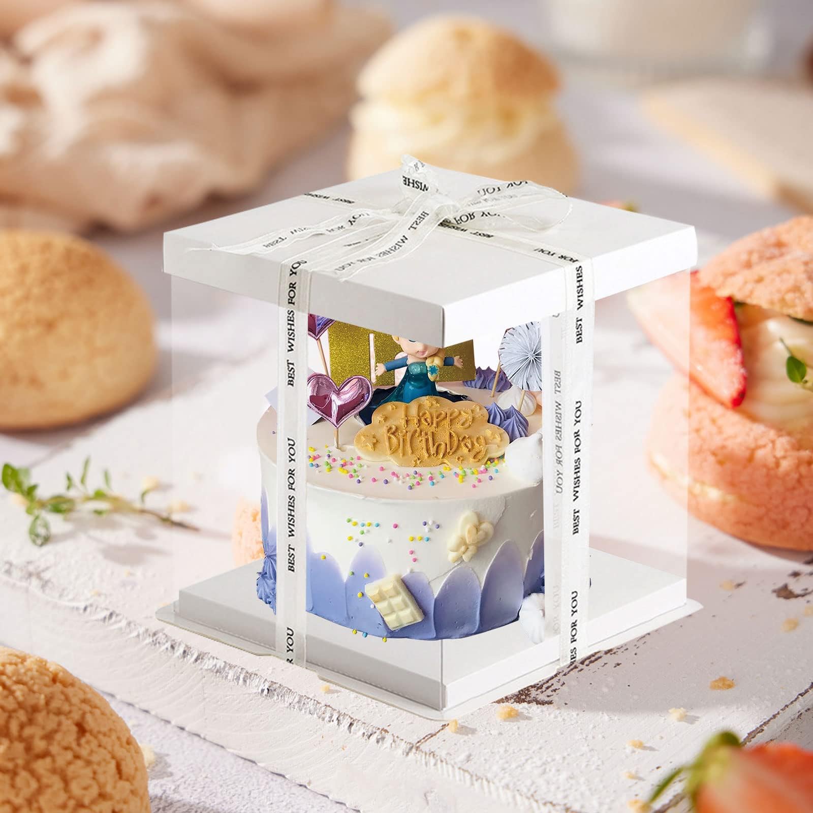 Haploon 10 cajas transparentes para tartas de 7 x 7 x 8 pulgadas, cajas de embalaje de pasteles altas con tapa y cinta de 150 pies de alto para pasteles de nivel para tartas de doble capa de 4