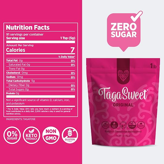 TagaSweet Original Natural Sugar Alternative, 100% Pure Tagatose, Keto Friendly, Tooth Friendly, Low Calorie, Gluten Free, 16 oz