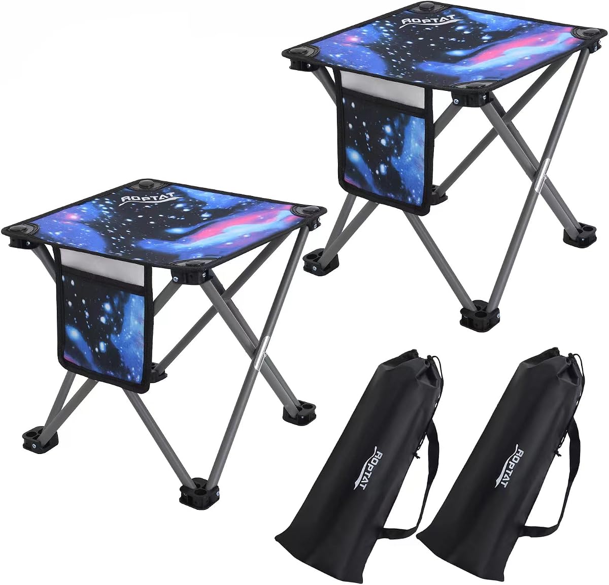 Roptat Paquete de 2 Taburetes de Camping, Asiento de Taburete Ligero, Compacto y Plegable portátil para Acampar, Pesca, Senderismo, Jardinería, Caminar al Aire Libre, Mochilero, Viajar y Playa con Bolsa de Transporte
