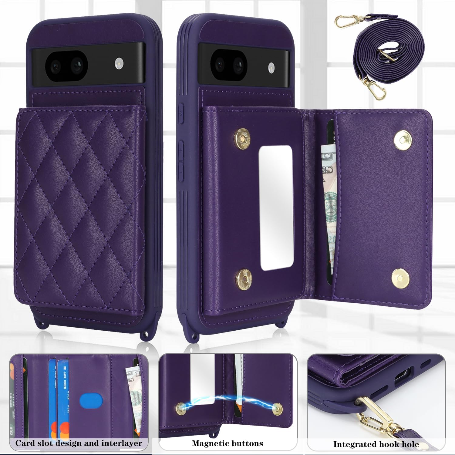 for Pixel 8a Case with Card Holder and Strap for Women,Crossbody Lanyard, Make Up Mirror,Snap Clasp,Cute Phone Wallet Cases - Deep Purple