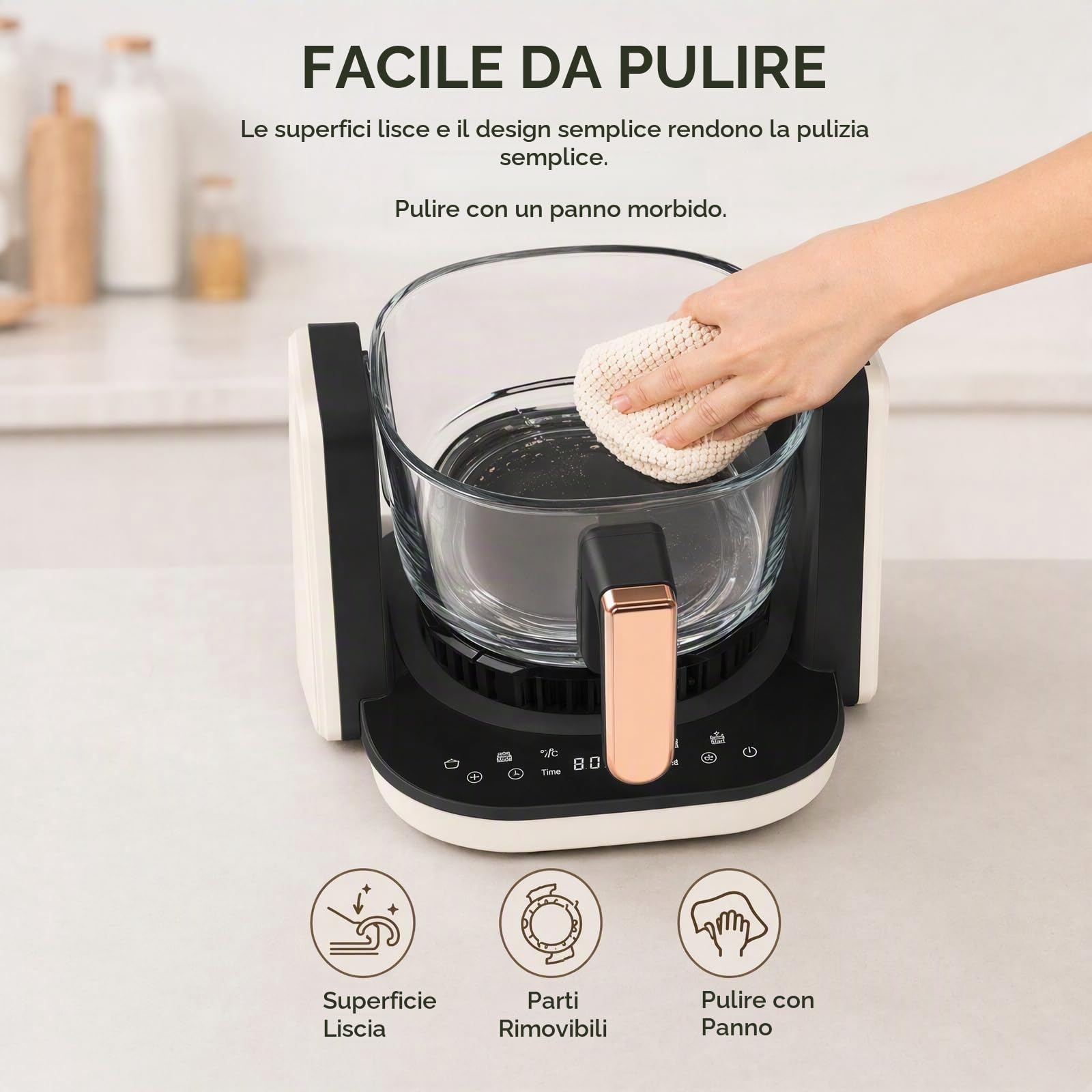 Friggitrice ad aria calda in vetro, 4,5 l, 3 in 1, con funzione grill, display LCD, 1200 W, vetro borosilicato, finestra di visualizzazione, timer da 60 minuti, regolazione della temperatura, design