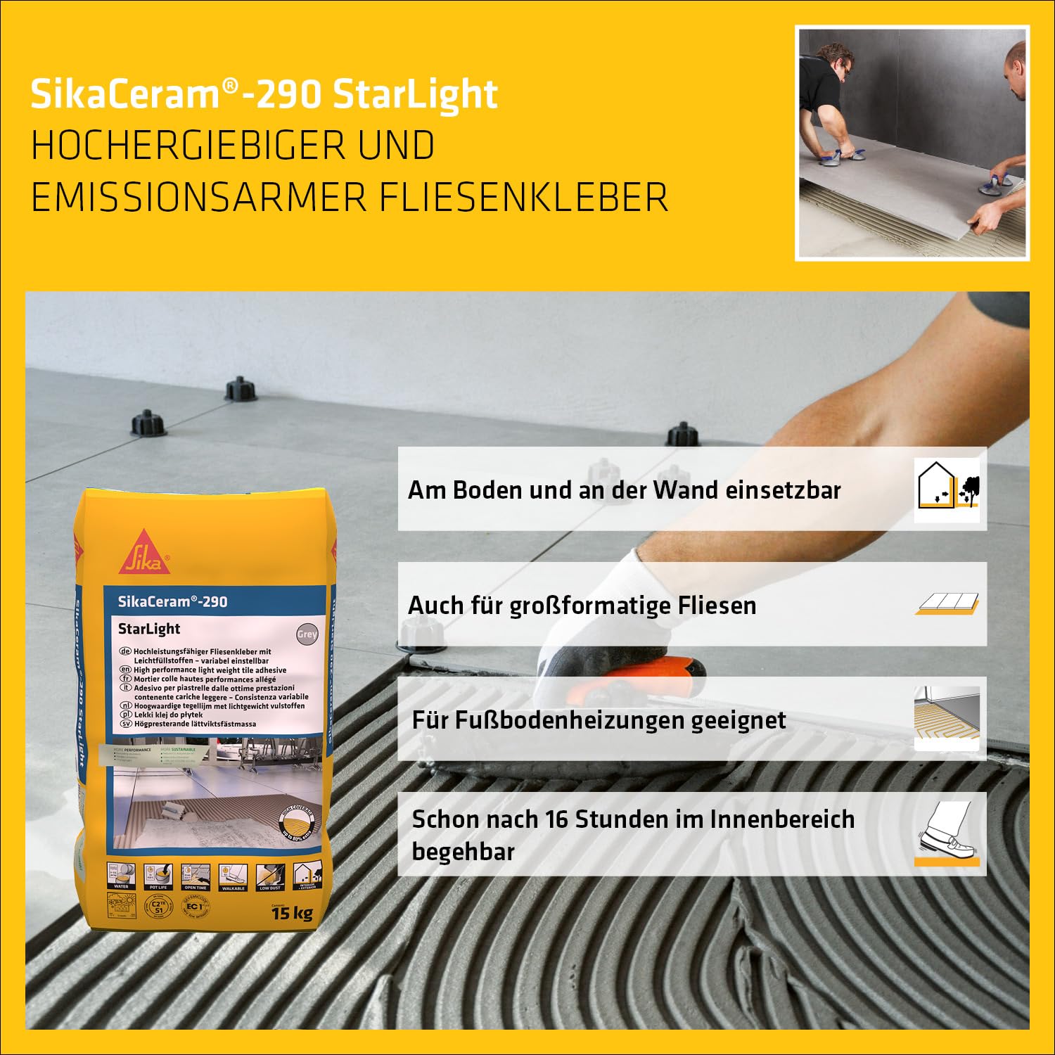 SIKA - Fliesenkleber - SikaCeram-290 Starlight - Grau - 15kg | Für Wand und Boden - Innen & Außen - Geeignet für Großformate - Frostsicher - Starke Haftung