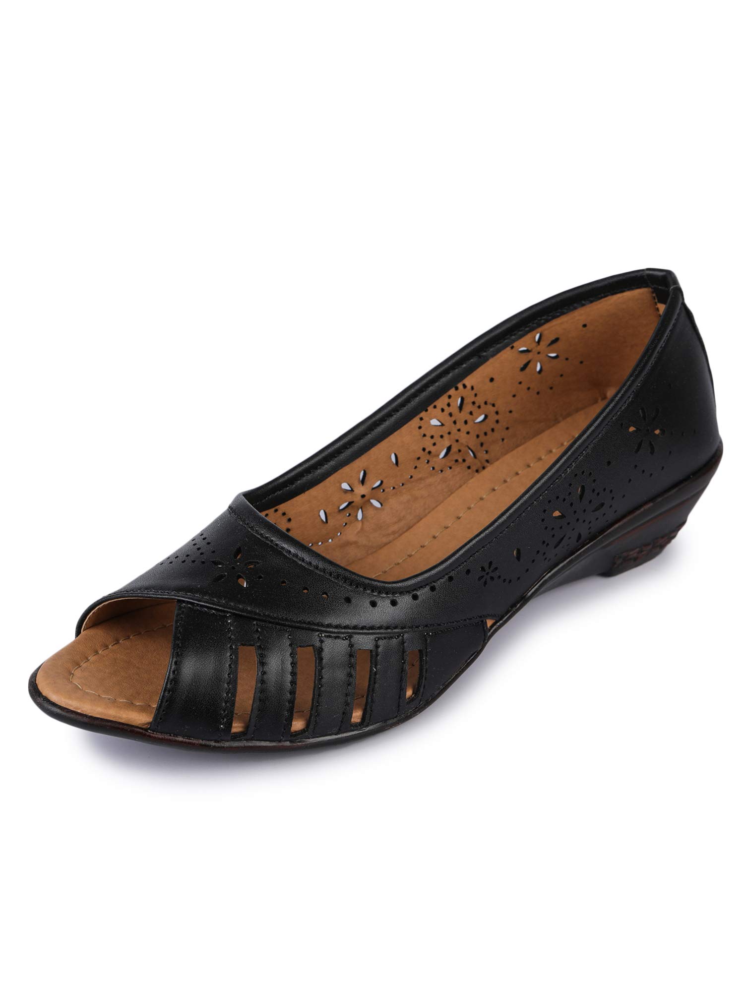 Clouter hub Women Designer Belly Flats Peep Toe Cutwork Slip-On Wedge Sandals Soft Comfort Office Wear Casual Footwear for Women, Black 1