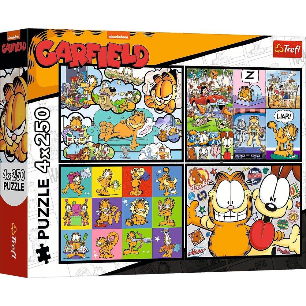 Trefl 4in1 Garfield Hates Mondays - 4 x 250 Pieces-Set of Four Girls Puzzles, Multicoloured, 13344