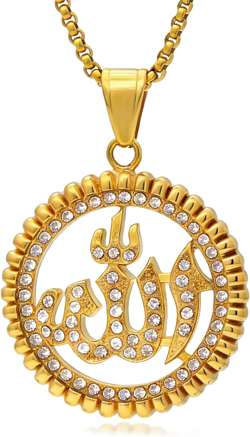 Fusamk Hip Hop Stainless Steel Iced Out Hollow Allah Pendant Round Necklace