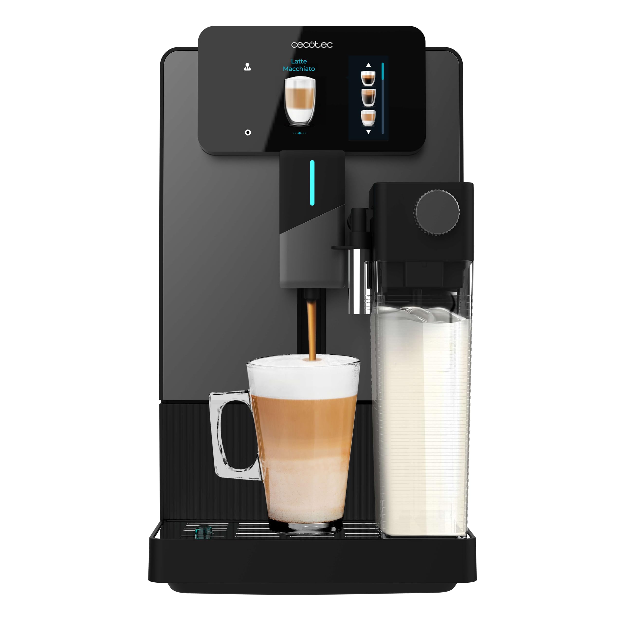 Cecotec Cafetera Superautomática Cremmaet Latte Touch. 19Bares, Thermoblock, 12 Bebidas, 4 Perfiles, Agua 1.1L y 400ml Leche, Pantalla TFT, Molinillo Cónico, Limpieza Automática, Altura Regulable