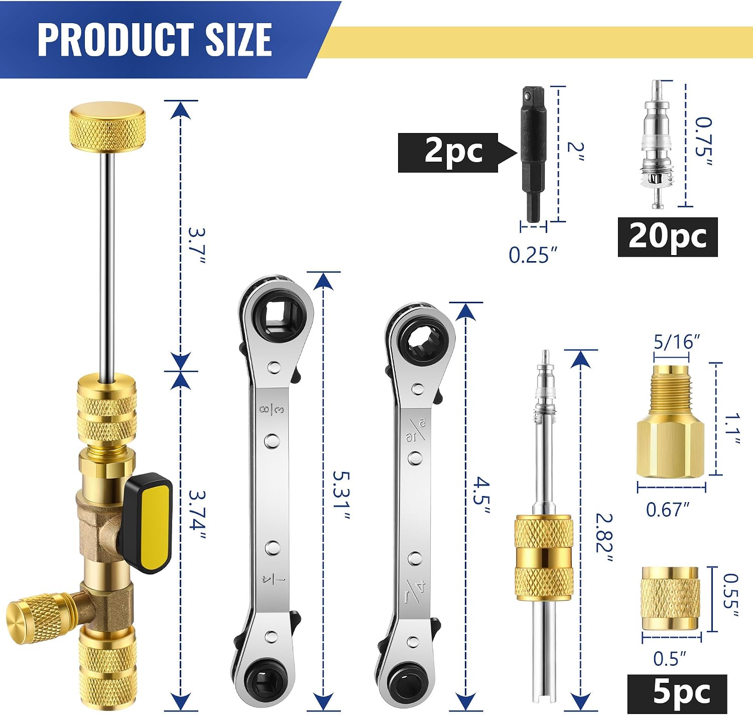 Dreyoo Valve Core Removal Tool HVAC, 2 HVAC Service Wrench 3/16", 5/16", 1/4", 3/8", 20 Pcs Valve Cores with Seal, 5 Brass Nuts And 1 Valve Core Rod Compatible with R410a R32 R22 R12 R407 R404 R600