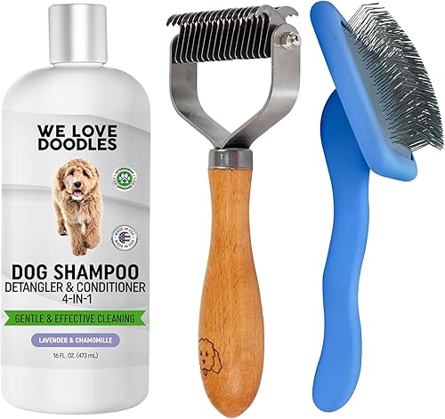 We Love Doodles Slicker Brush & Dematting Comb & Dog Shampoo Goldendoodle Slicker Brush & Goldendoodle Shampoo Kit de aseo Doodle Cepillo para