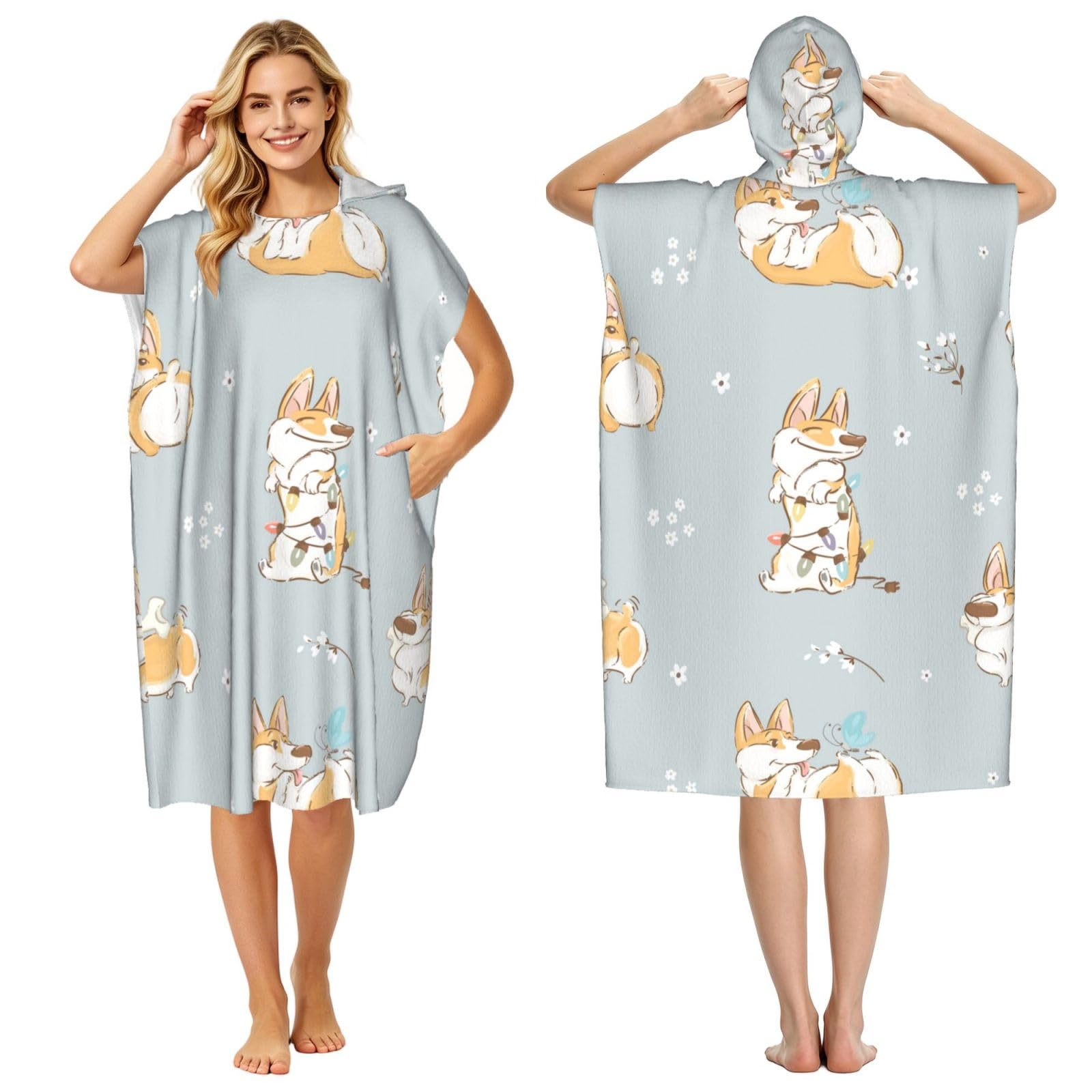 Poadnly Cute Corgi, Adult Hooded Beach Towel 90 x 110 cm,Changing Bath Robe, Surf Poncho Towel For Women Men
