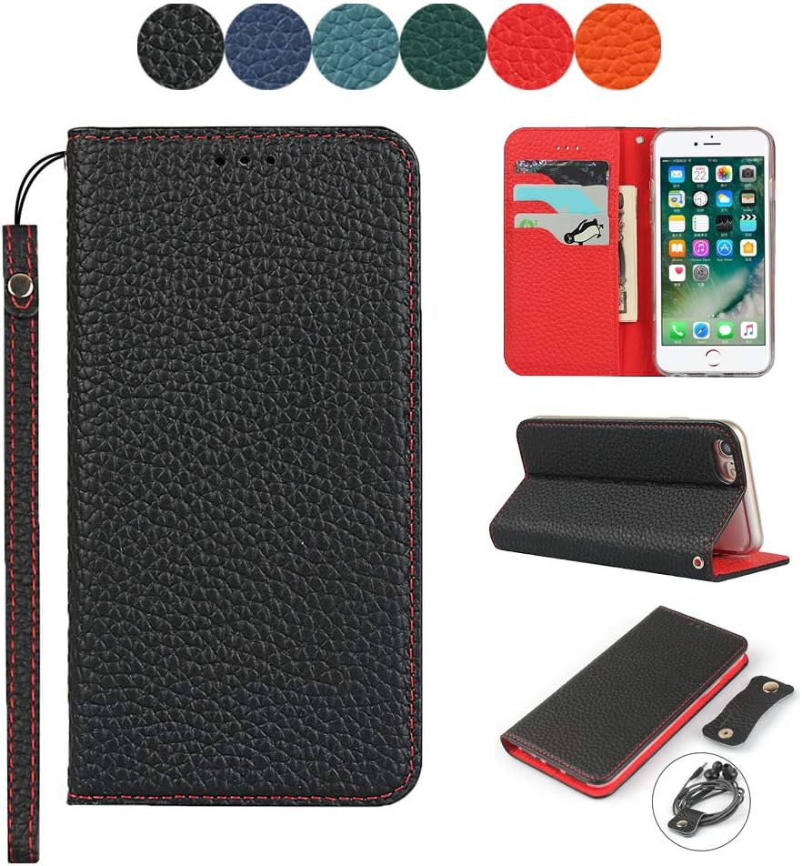 SailorTech Wallet Case for iPhone 7/8/SE (2020), Luxury Litchi Grain Genuine Leather Case with Wrist Strap Headphone Storage Belt Folio Flip Phone Case with RFID Blocking Card Holder Kickstand Black