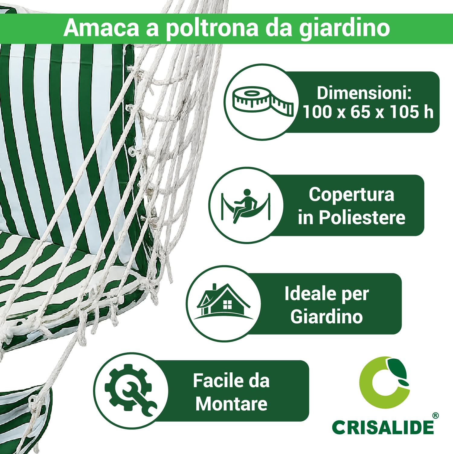 Crisalide® - Amaca a Poltrona da Giardino con Poggiapiedi, Sedia Sospesa con Barra in Legno, Copertura in Poliestere, Design Salvaspazio, Ideale per Terrazzo, Balcone e Giardino