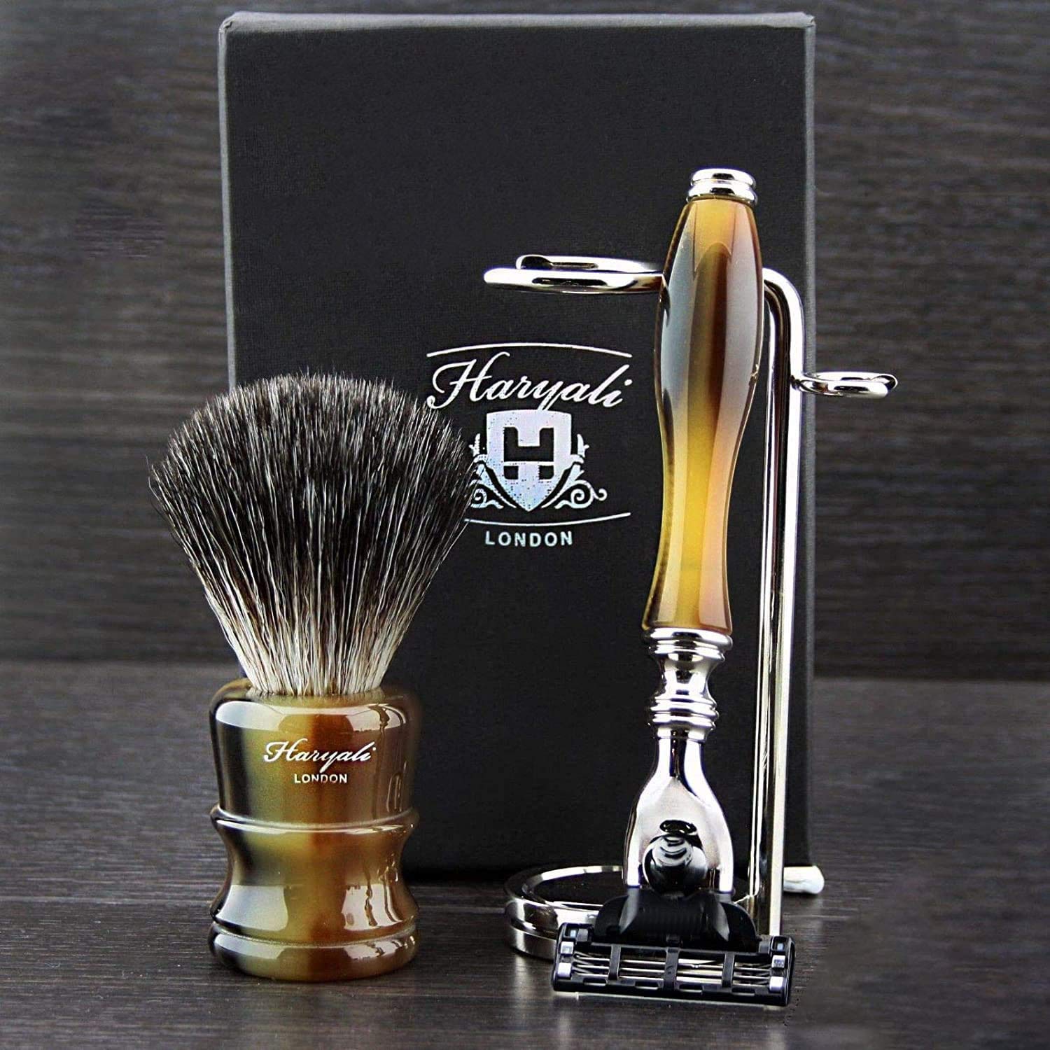Set da barba di lusso con pennello in puro tasso, doppio supporto in acciaio