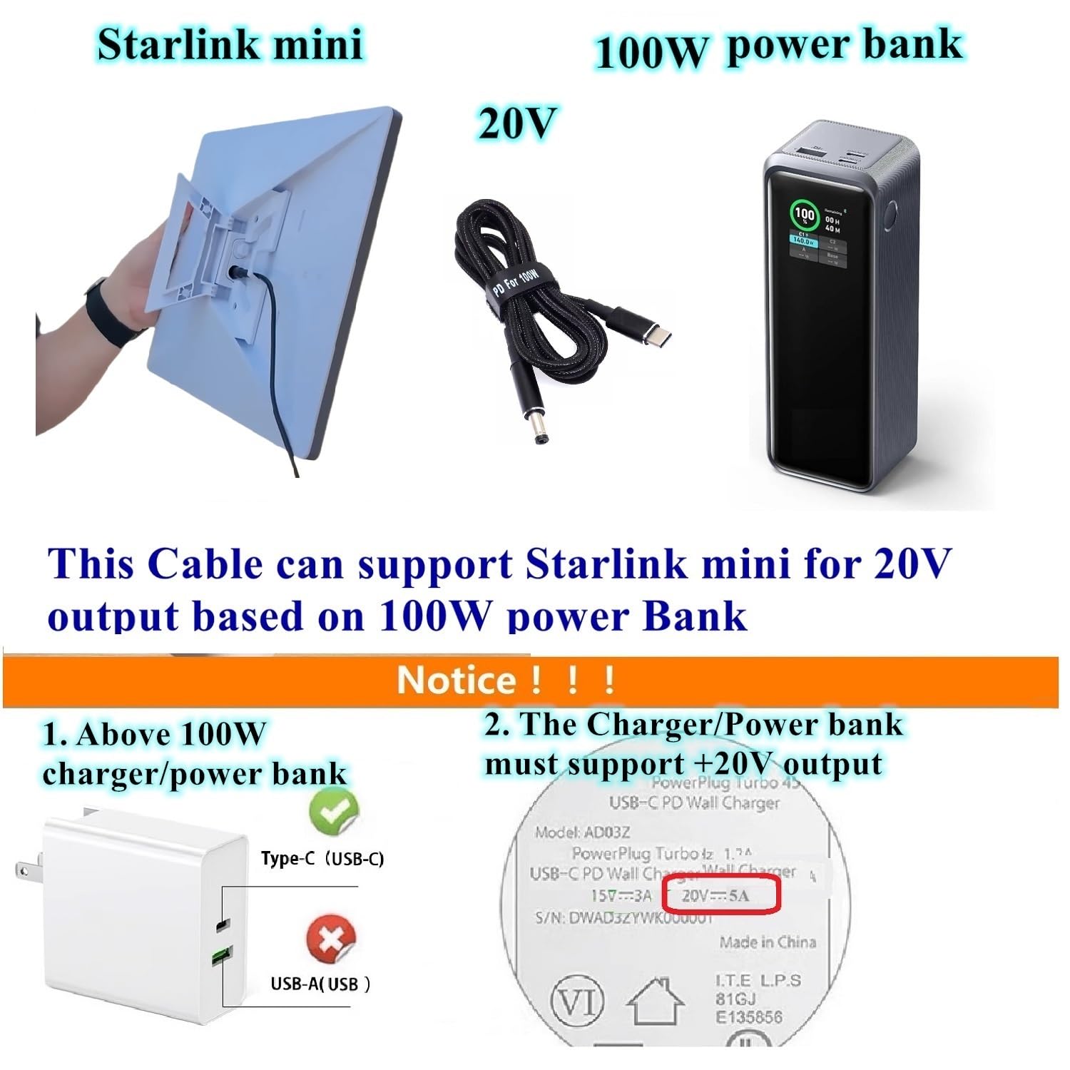 Starlink Mini Power Cable USB C To DC Power Cord For Starlink Mini Cable 16.4FT Waterproof Input 100W Type C To Barrel Cord 5.5 * 2.1mm Compatible With Power Bank 100W