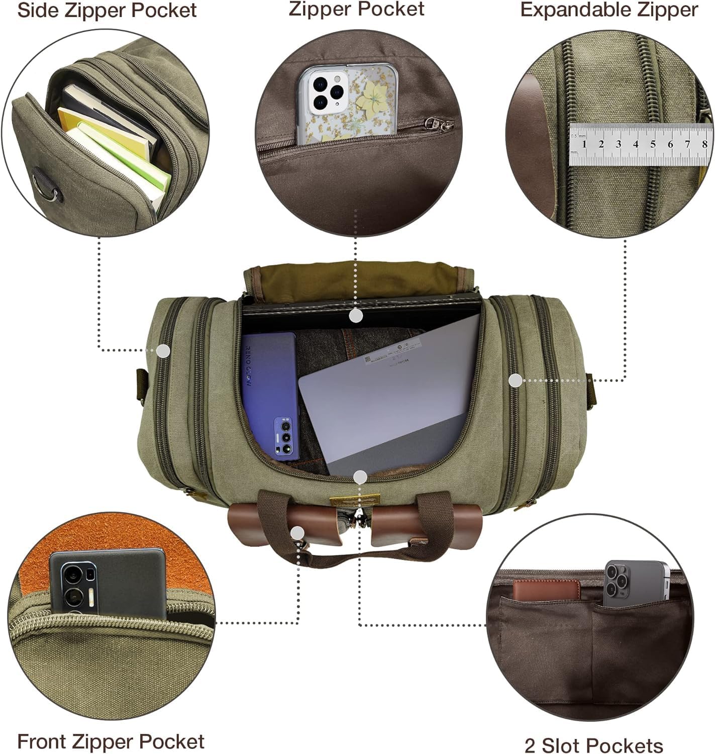 Wildroad 60L Travel Duffel Bag, Expandable Canvas Genuine Leather Duffle Bag Upgraded Overnight Weekender Bag Carry on Bag - Image 3