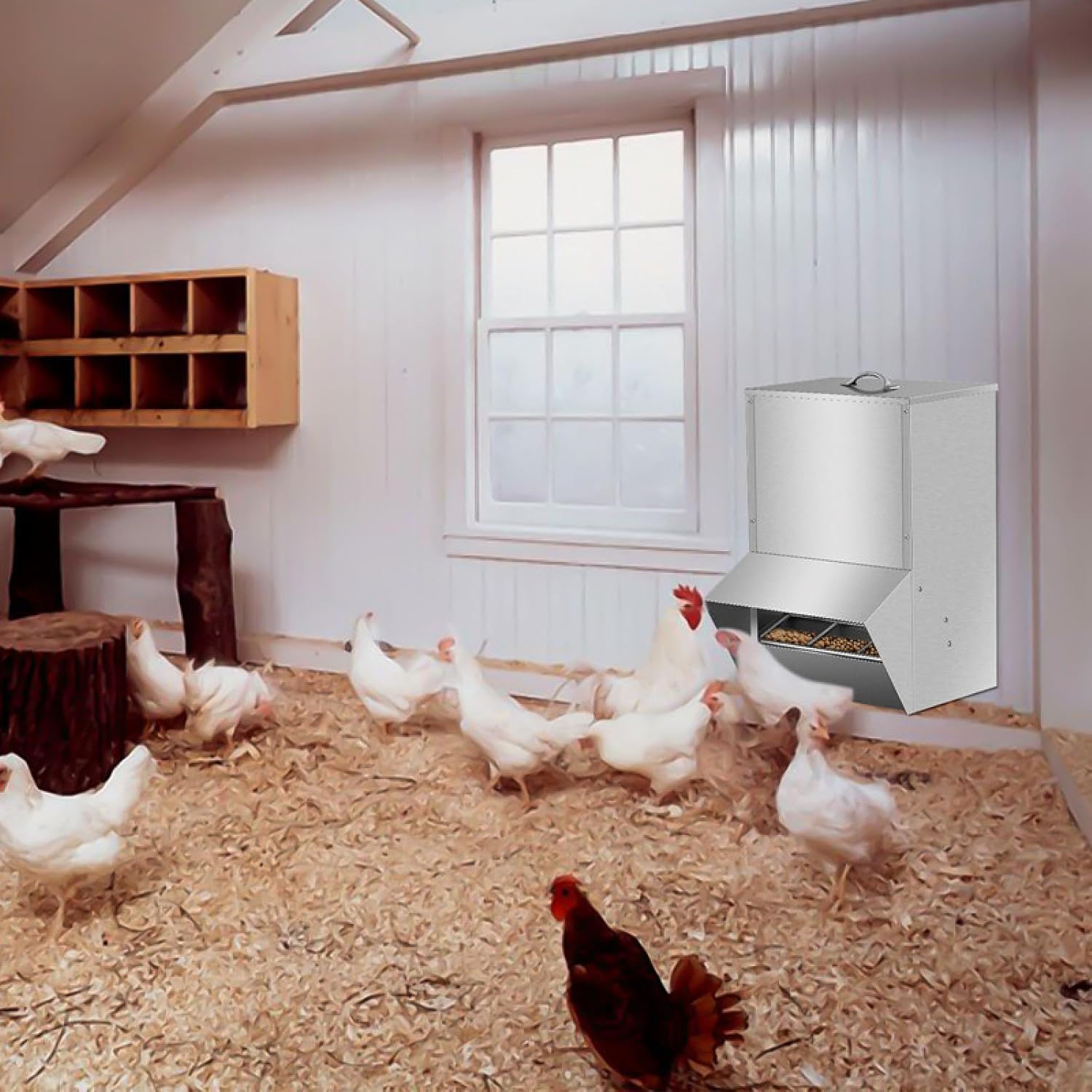 Galvanized Chicken Feeder, 50LBS Capacity Weatherproof Steel Outdoor Coop Food Dispenser, Rat Proof Hanging Chicken Feeder with Lid, Poultry Feeders No Waste for Chicken and Duck, Silver