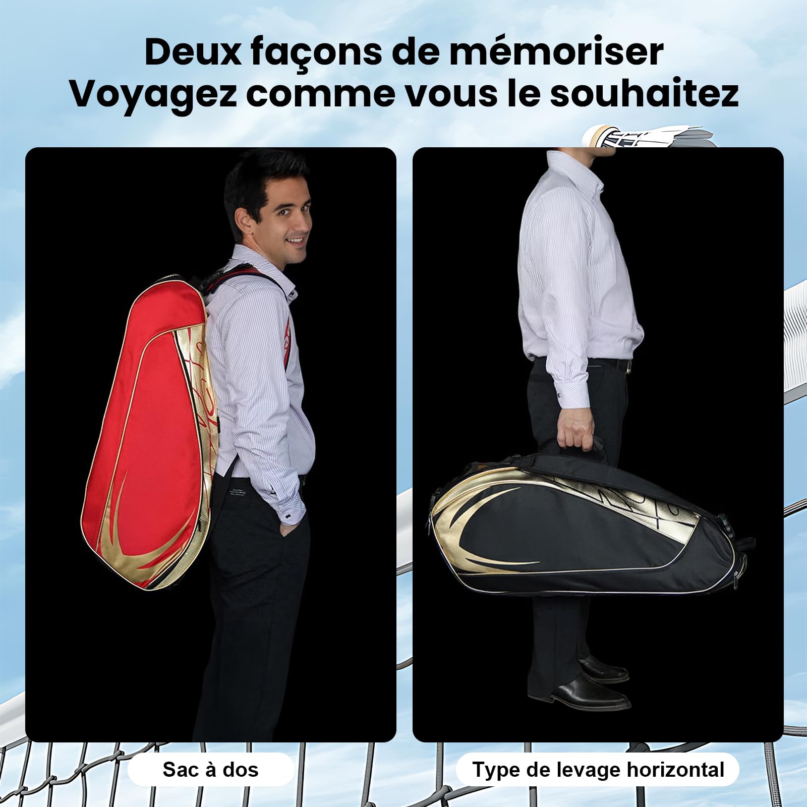 Bolsa de raqueta de bádminton con organizador de 3 a 6 raquetas de nieve, impermeable, bolsa de transporte de tenis portátil con almacenamiento de calzado, ropa, bolsa de hombro de gran