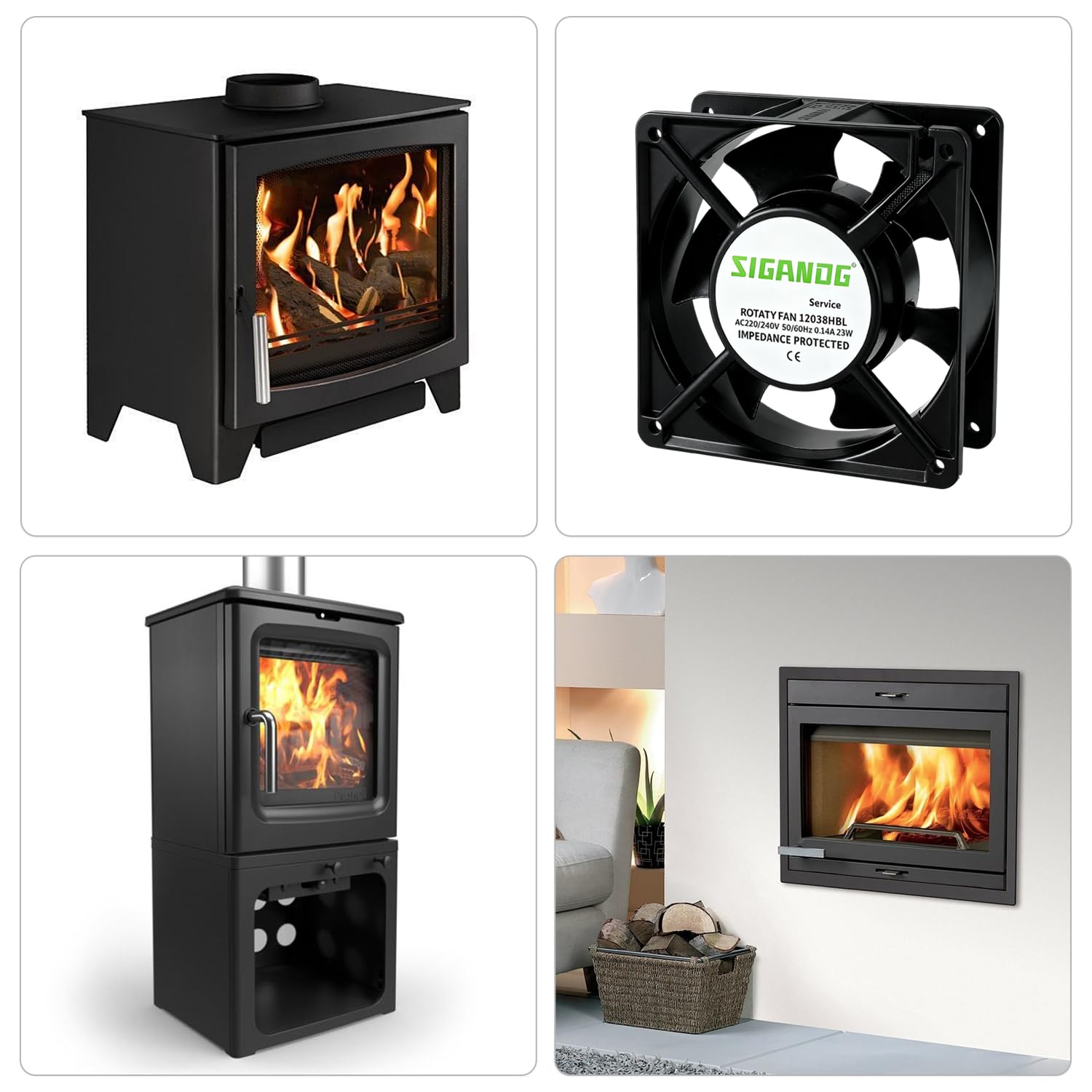 Ventola assiale inseribile 120 x 120 x 38 mm, ventola alimentata a calore, ad alta temperatura, per cassetta camino, di pale metalliche, ecologica