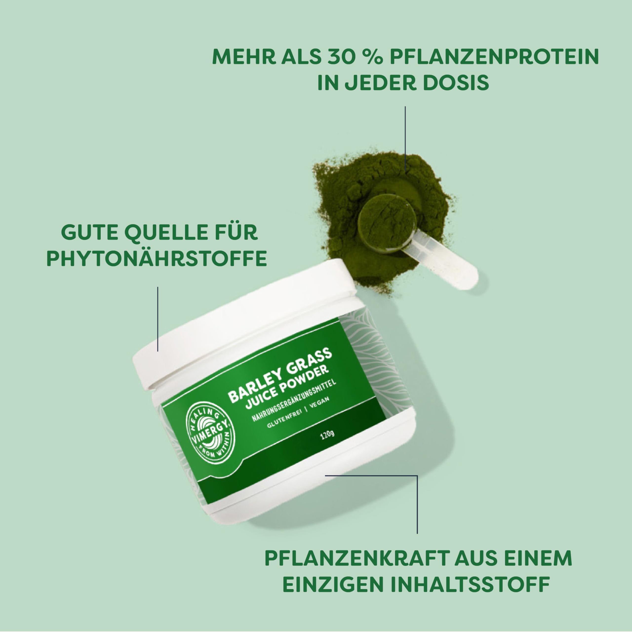 Vimergy Gerstengras Saft Pulver, Reisegröße - 30 Portionen – Supergreen aus Gerstengrassaft Pulver – Vegan - Ohne Trennmittel, ohne Füll- und Geschmacksstoffe, Zucker, Gentechnik, Gluten (120 g)