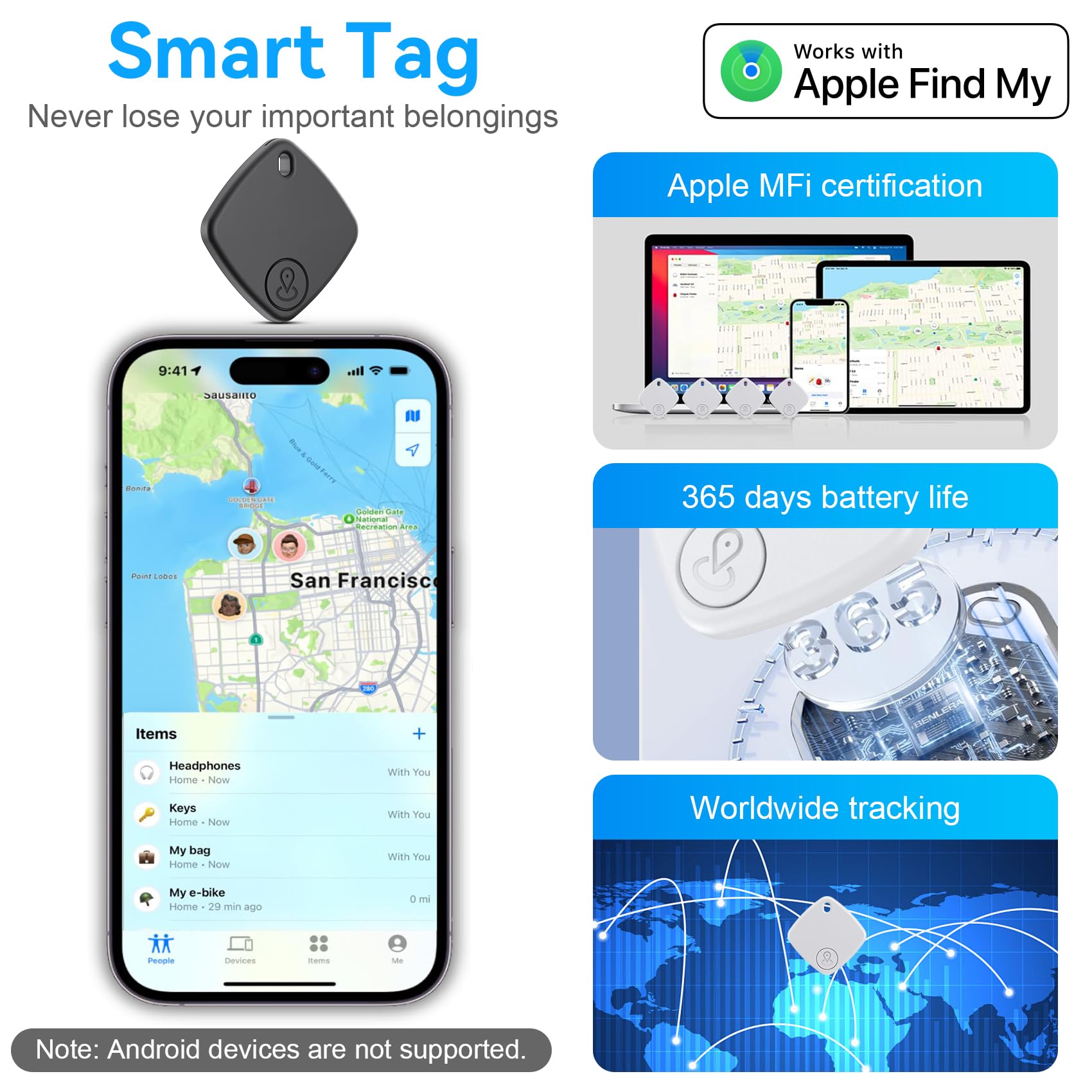 Smart Tag, 4 Pezzi Nero Smart Tracker Compatibile con Apple Dov'è (solo iOS), Bluetooth Localizzatore IP67 impermeabile, Air Tag Batteria Sostituibile per Chiavi/Bagagli/Valigie/Portafogli (nero)