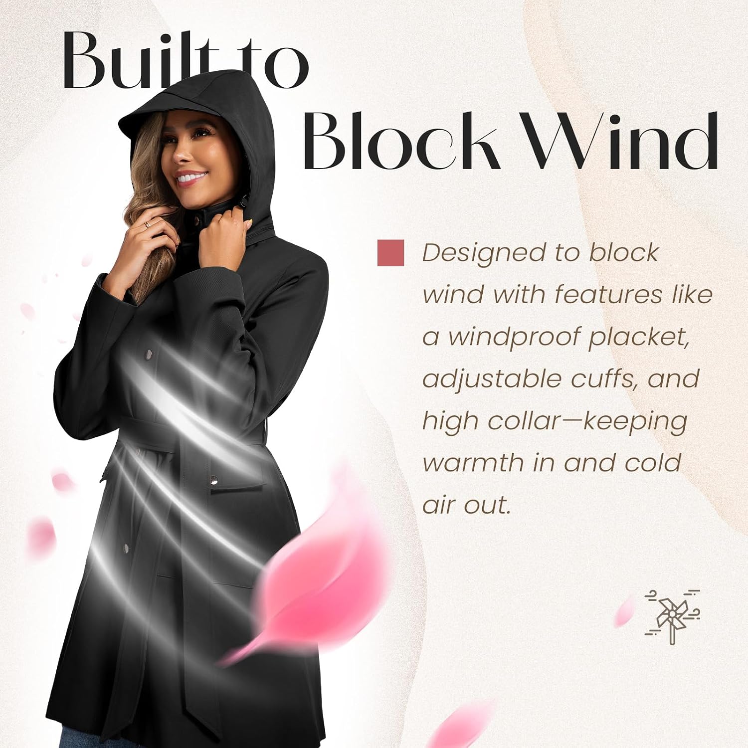 Womens Trench Coat Waterproof Rain Jacket Rain-blocking Brim Detachable Hood Raincoat with Belt Outdoor Travel