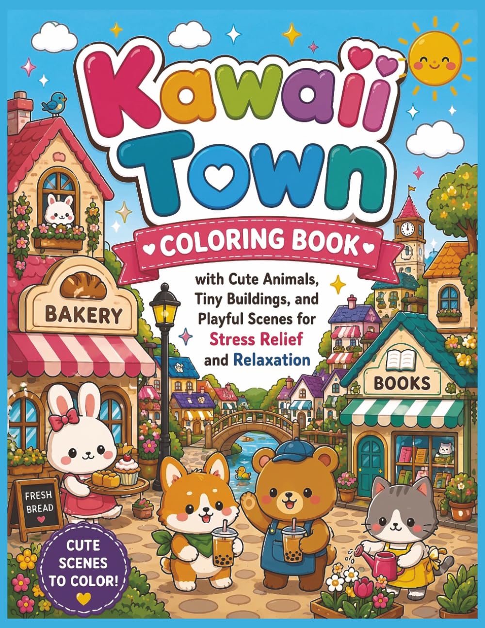 Kawaii Town Coloring Book for Kids: Cute Animal Town Scenes, Tiny Buildings, Cozy Shops, and Fun Relaxing Coloring Pages for Stress Relief: Cute ... Coloring Pages for Stress Relief for Adults