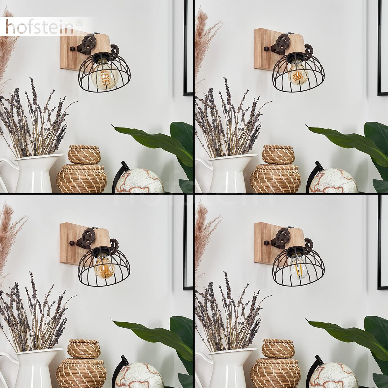 Wandleuchte Orny Im Vintage-Design – Aus Holz & Metall, Natur/schwarz, Mit Gitter-Optik & Drehbarem Kopf