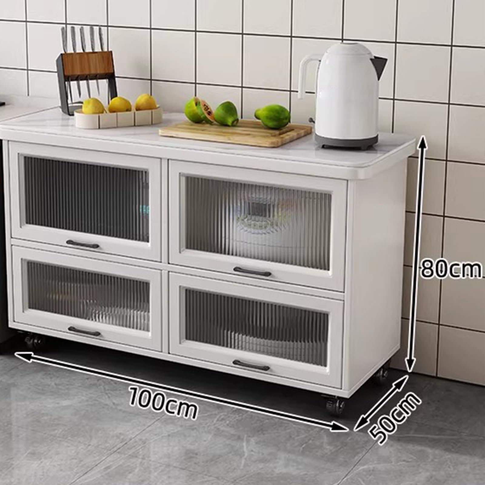 Zf9tBw5sH Unità cucina ad isola Isola cucina con ante in vetro, armadietti rotelle, piano di lavoro e ruote