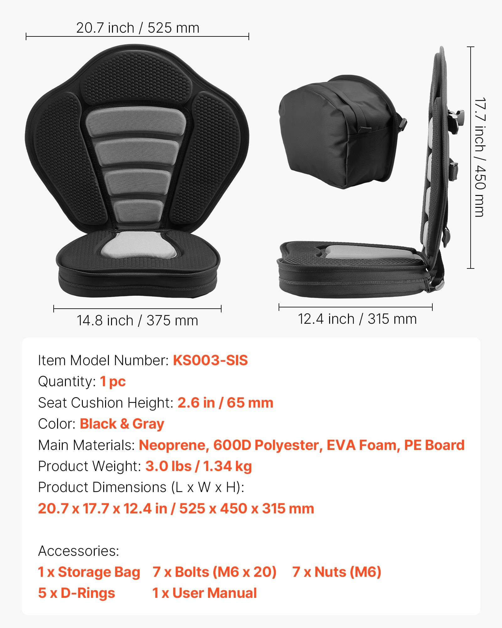 VEVOR 1 x Kajaksitz 65 mm Dicke, Gepolsterter Sitz für Stand-Up-Paddleboard, Bootssitz mit Rückenlehne & Aufbewahrungstasche & Verstellbaren Gurten für SUP Kanu Angelboot Aufblasbares Kajak