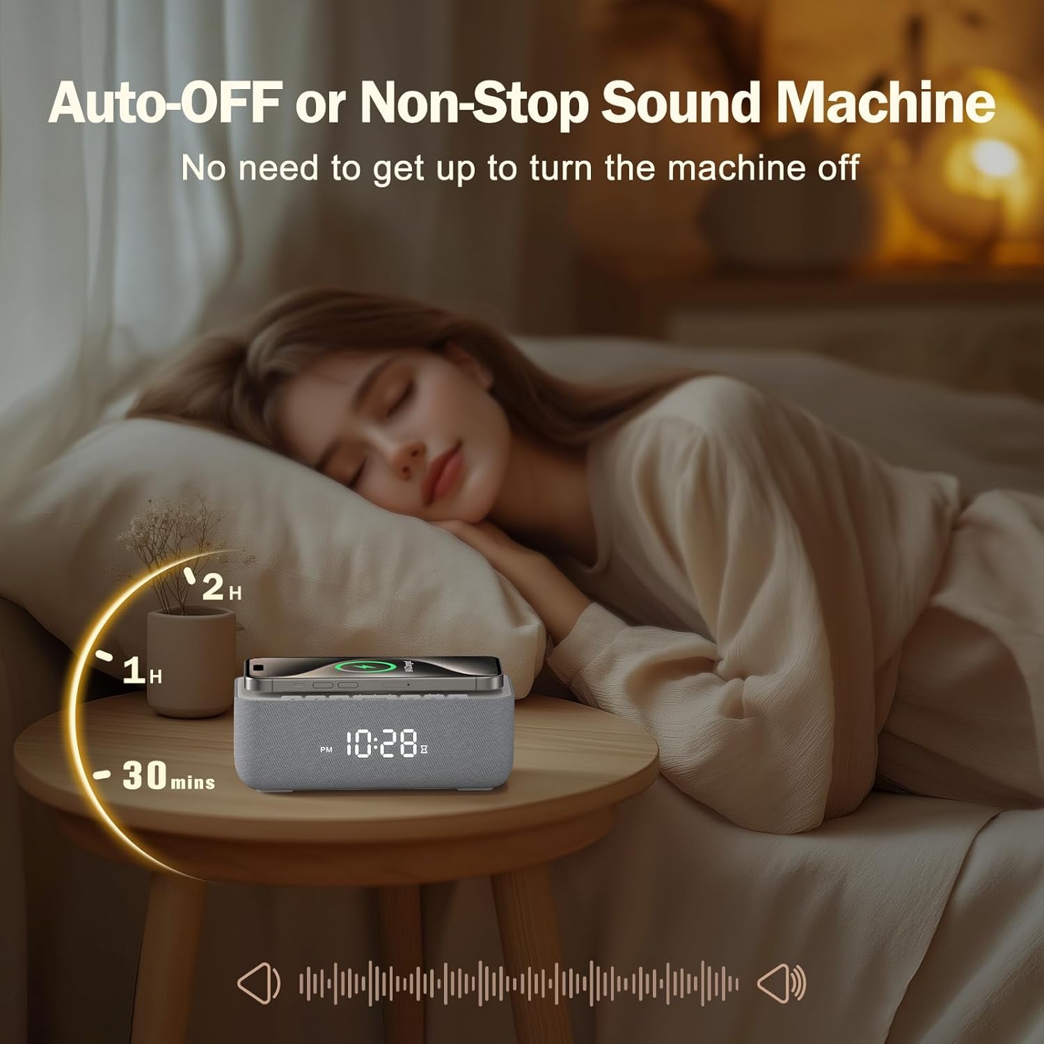 REACHER alarm clock on a nightstand with a sleeping person, showing auto-off timer options