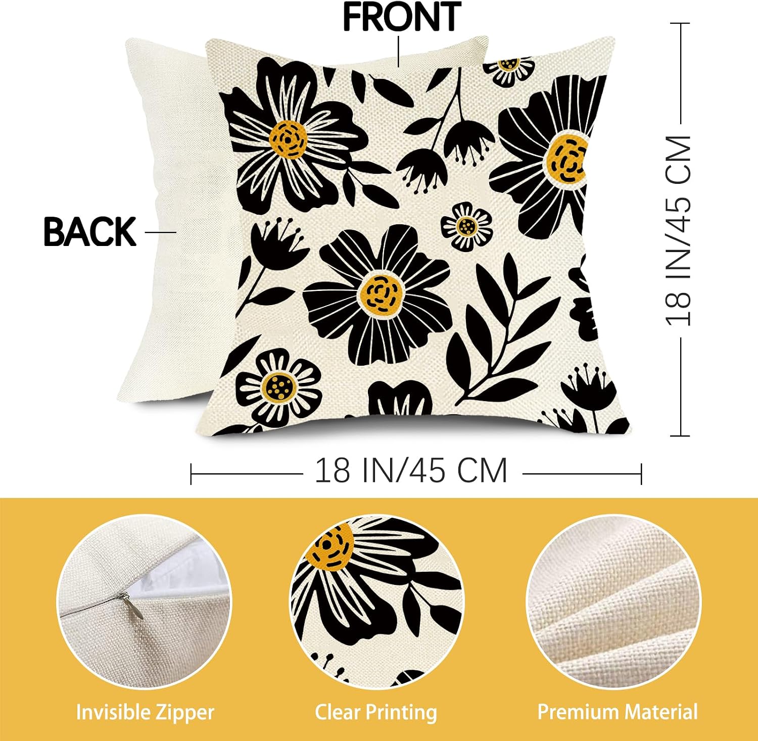 Black and White Floral Throw Pillow Cover 18x18 Inch image 2