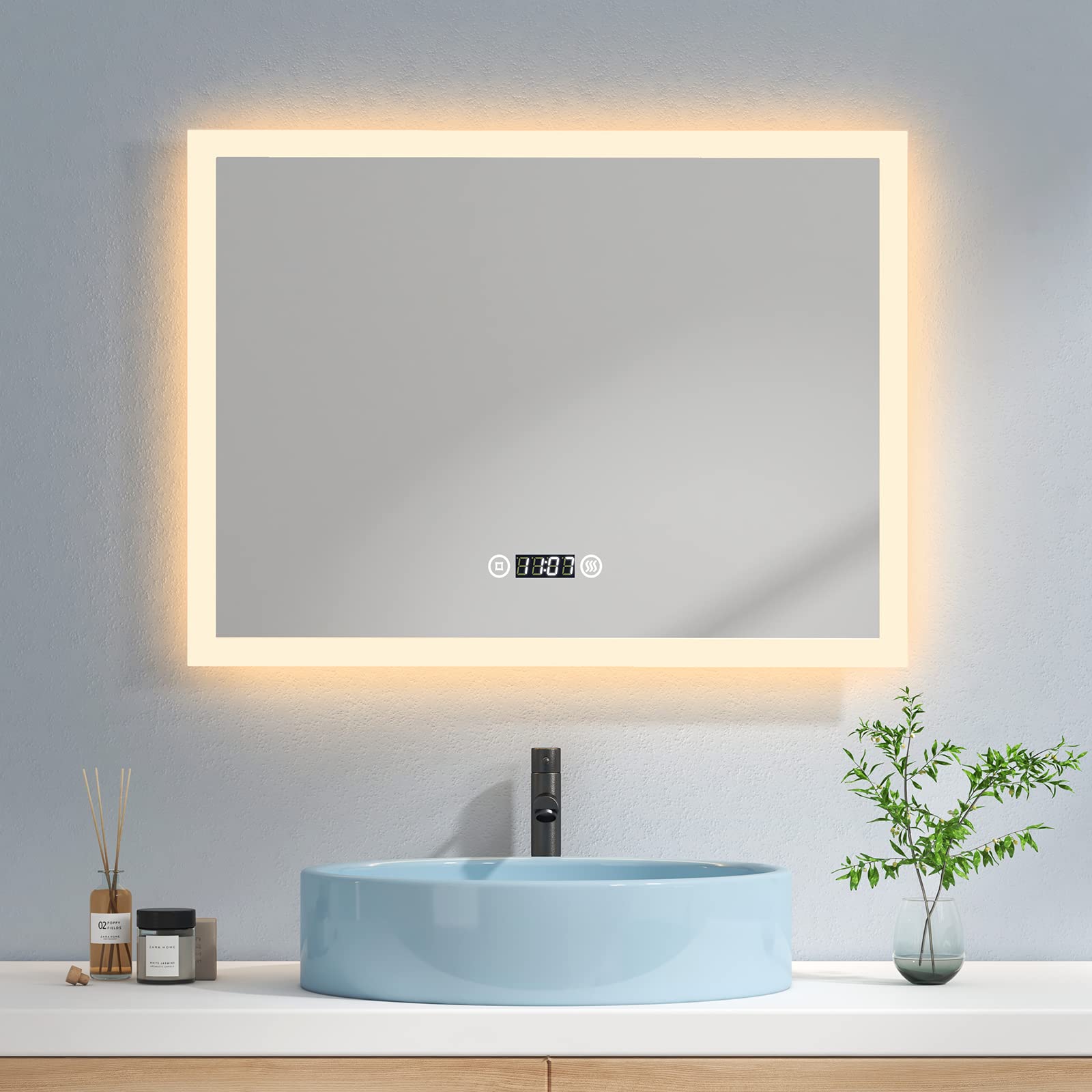 EMKE Lustro łazienkowe z oświetleniem LED, 80 x 60 cm, 3 barwy światła, zimna biel, neutralna biel, lustro łazienkowe z oświetleniem z włącznikiem dotykowym, powłoka przeciwmgielna, zegar, IP44